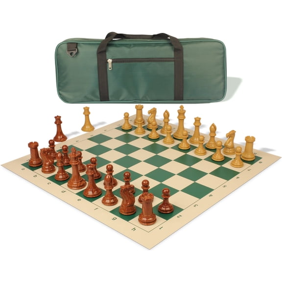 Professional Deluxe Carry-All Plastic Chess Set Wood Grain Pieces with Vinyl Roll-up Board & Bag - Green