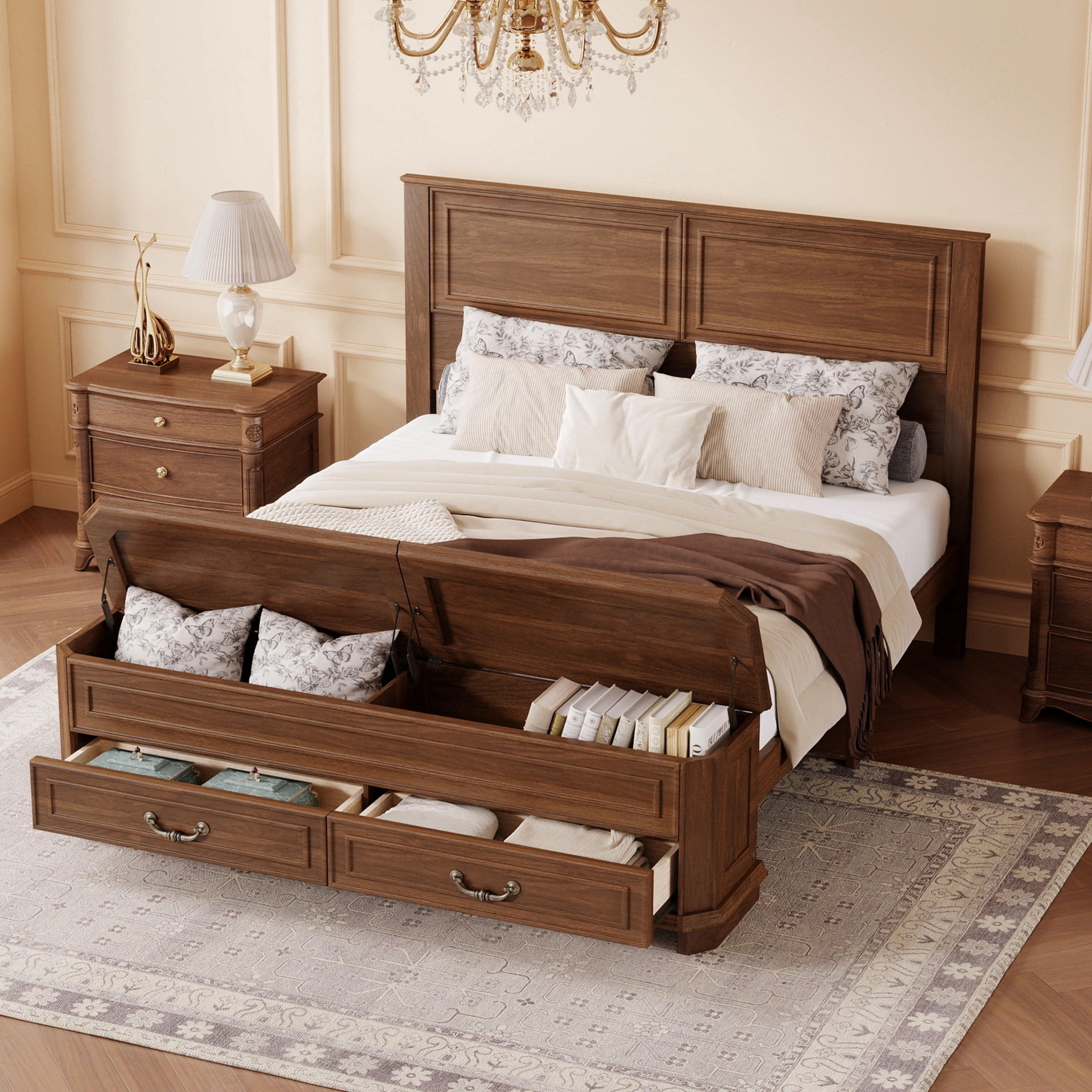 Noble House Reinaldo Queen Farmhouse Pine Bed with Integrated Bench, Storage Drawers and Flip-Top Containers, Walnut