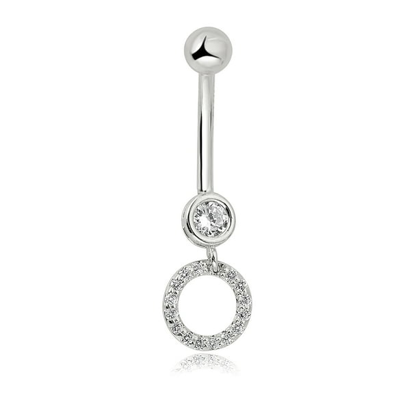 AVORA 10K White Gold Simulated Diamond CZ Open Circle Dangling Belly Button Ring Body Jewelry (14 Gauge)