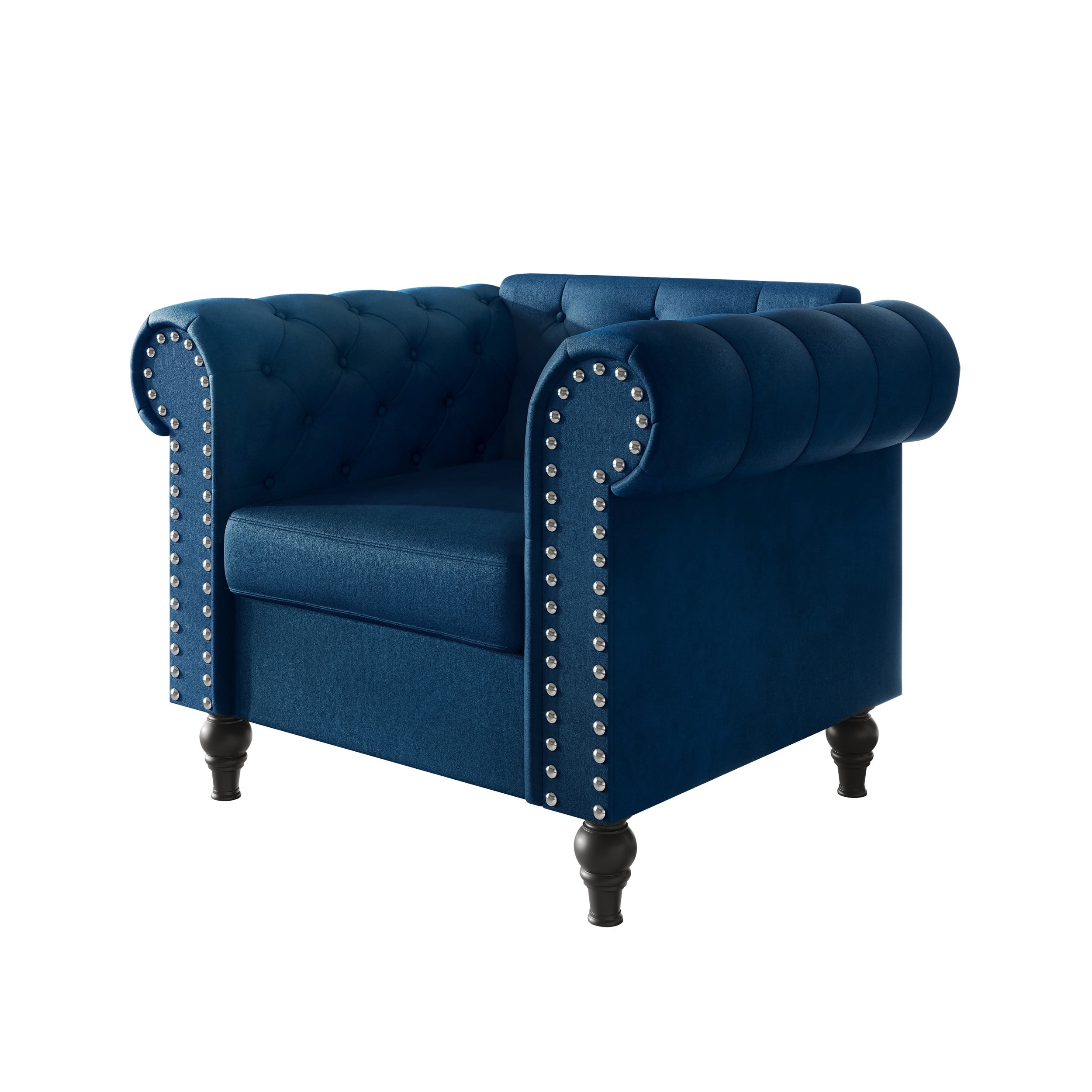 Home Design Kelso 3-Piece Velvet Living Room Set With Rolled Arm Chair, Loveseat and Sofa, Deep Button Tufting and Turned Legs, Blue