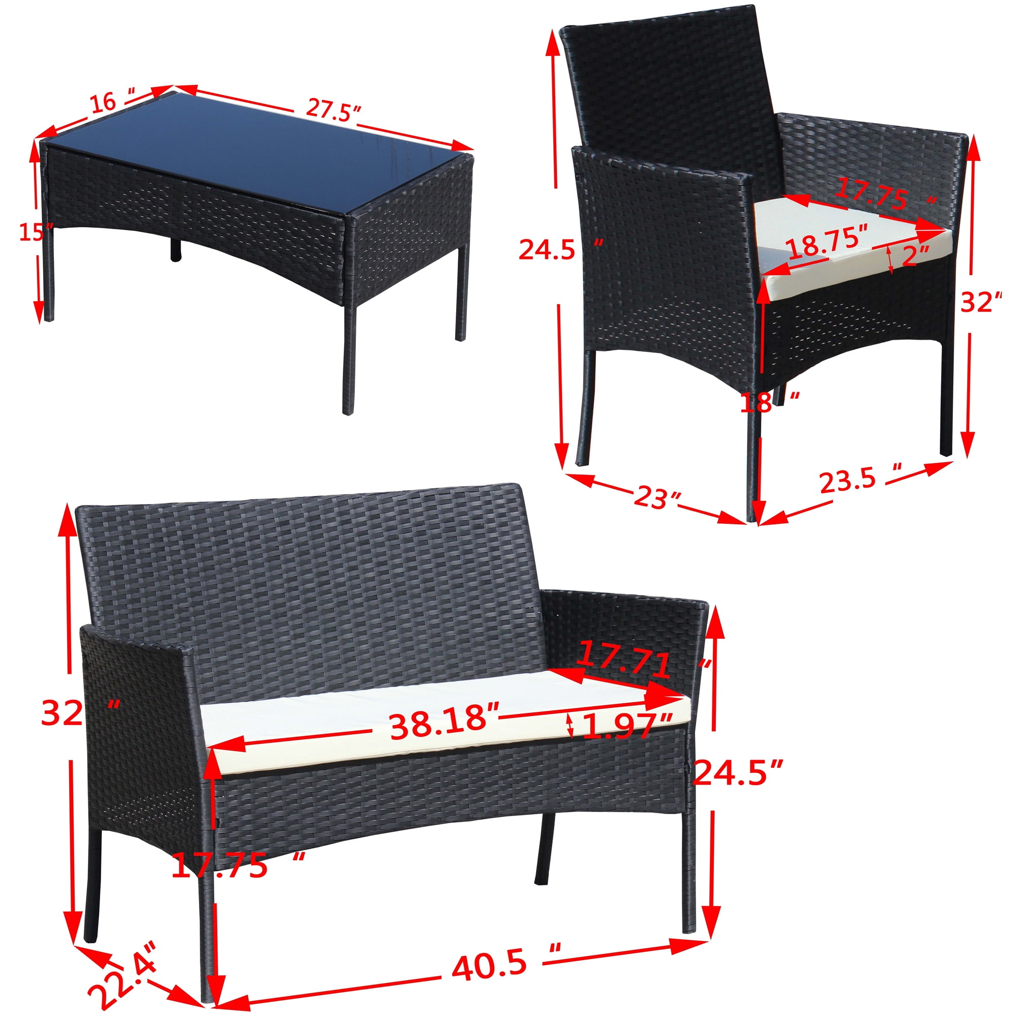 Aukfa 4 Pieces Patio Porch Furniture Sets PE Rattan Wicker Chairs Beige Cushion with Table for Outdoor Garden