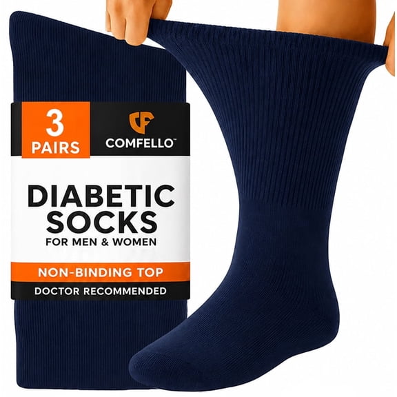 Comfello 3 Pairs Men's Diabetic Socks, Non-Binding Crew Socks, Extra Wide 10-13 Navy