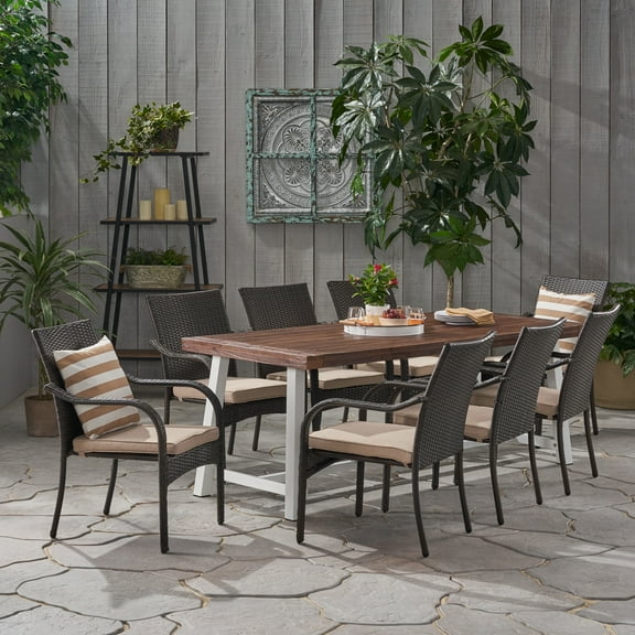 Heath Outdoor 8 Seater Wicker Dining Set, Dark Brown, Multibrown