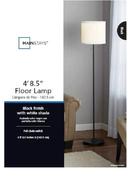 Mainstays 56.5 Inch Floor Lamp with White Fabric Shade, Black Finish, Modern Styling for Adult Use