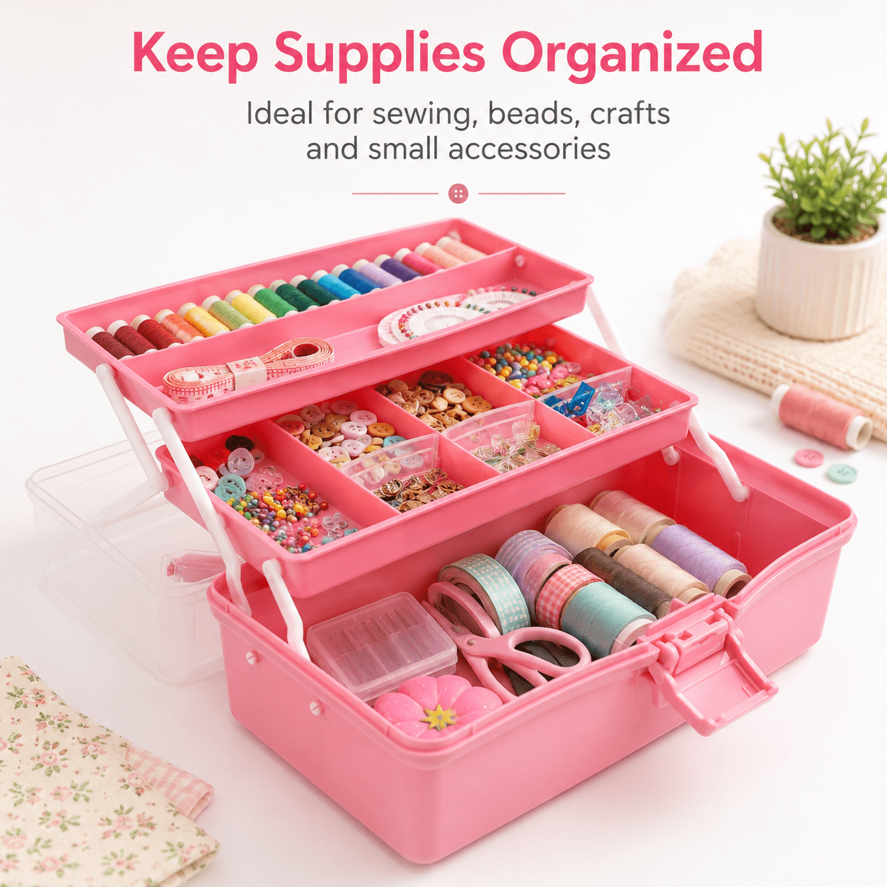 Three-Layer Multipurpose Storage Box, Folding Tool Box Art & Crafts Bead Case Sewing Supplies Organizer Plastic Box with 2 Trays 12in