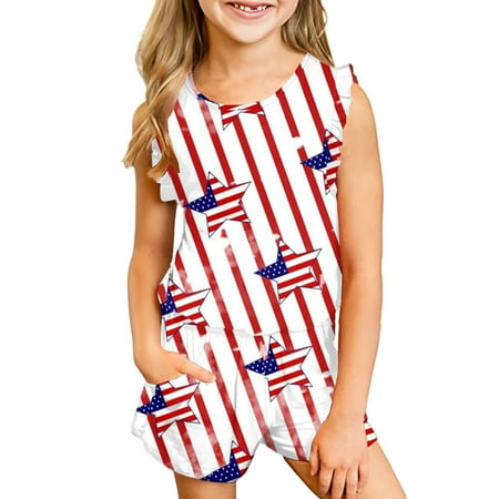 

nsendm Shirt And Pants Set for Teen Girls Toddler Kids Girls 4th Of July Prints Sleeveless Girls Shorts Pajamas Set Size 6 Childrenscostume White 11-12 Years