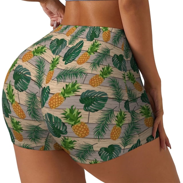 Balery Pineapples Palm Leaves Pantalones cortos de entrenamiento estampados para mujer, sin costuras, ajustados, para gimnasio, yoga, correr, deportes, ejercicio activo, fitness.-Large