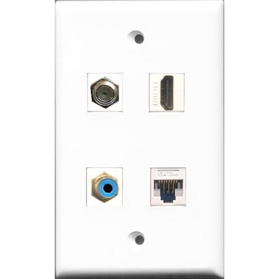 RiteAV 1 Port HDMI and 1 Port RCA Blue and 1 Port Coax Cable TV- F-Type and 1 Port Cat5e Ethernet White Wall Plate