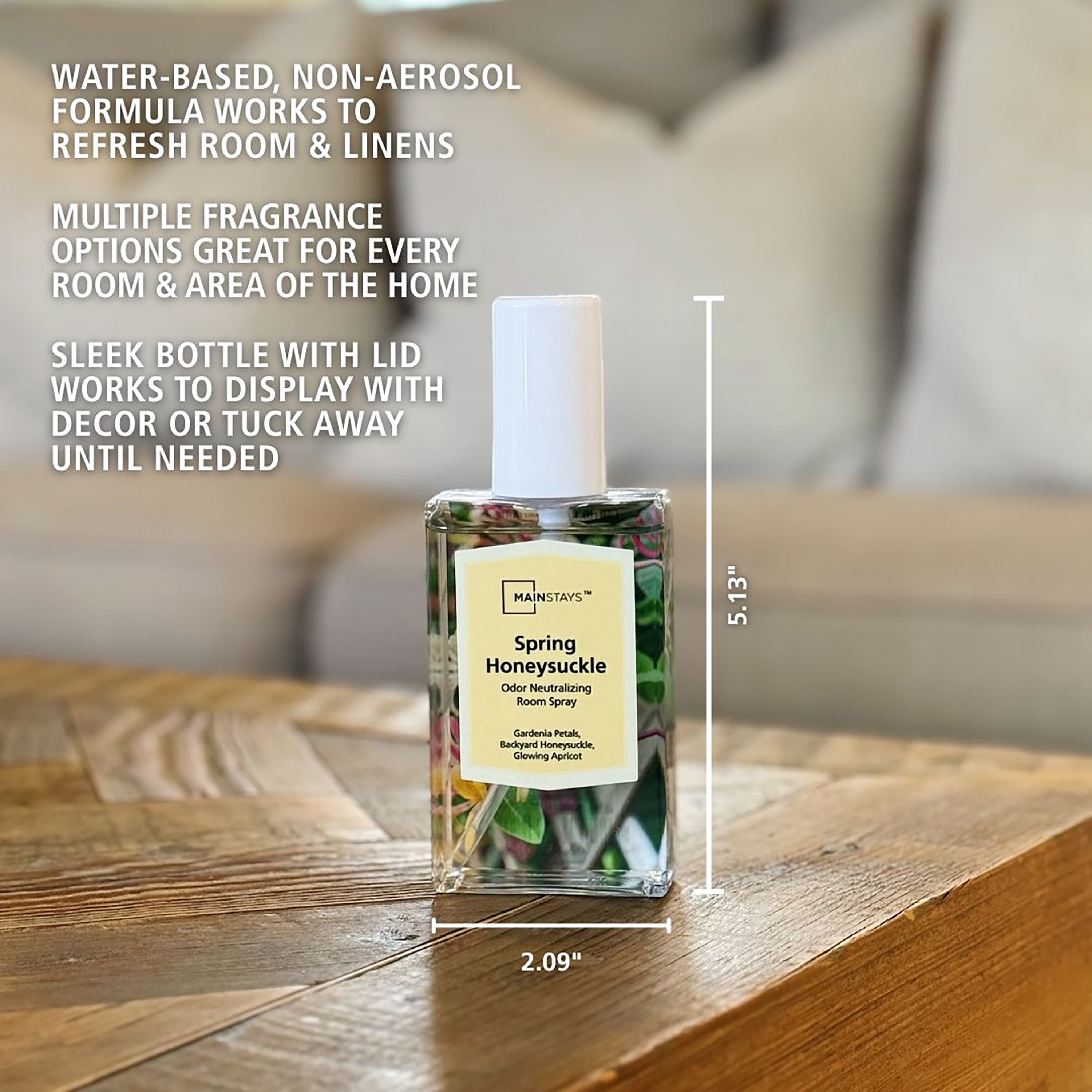 Mainstays Spring Honeysuckle Scented Room & Linen Spray 3.4 fl oz (100mL).