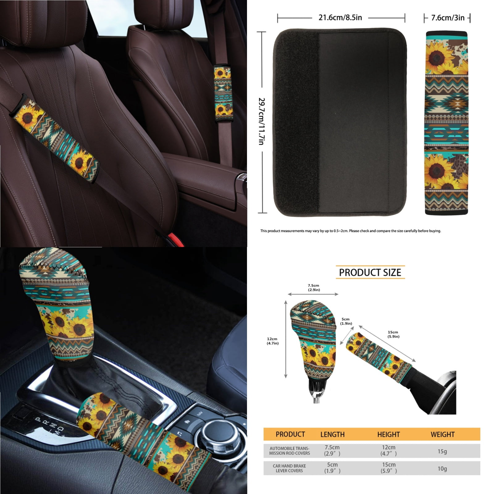 Yuyamidu Sunflower Car Seat Cover Full Set of 14 Green Aztec Steering Wheel Cover Seat Belt Covers Car Center Control Cover Gabage Bag Rearview Mirror Cover Handbrake Cover Set Coasters
