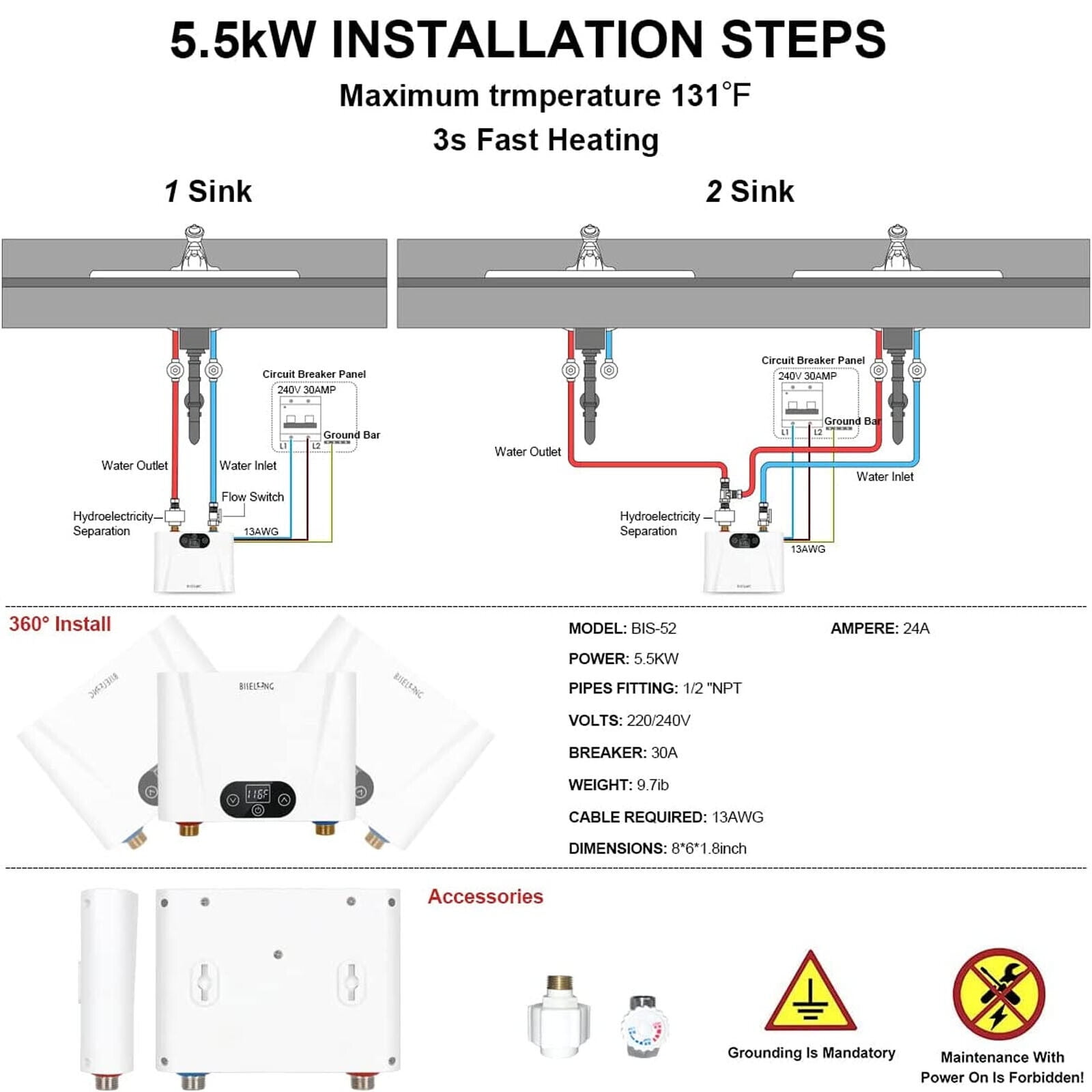 DENEST Electric Hot Water Heater Under Sink Tankless Quick Instant Hot Water Heater  220V