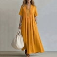 thumbnail image 2 of Noric Women V Neck Short Sleeve Maxi Dresses Loose Pleated Front Flowy Casual Summer Beach Vacation Daily Boho Dresses, 2 of 7