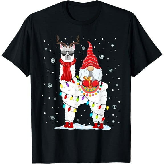 Santa Gnomes Riding Llama Reindeer Christmas Lights T-Shirt