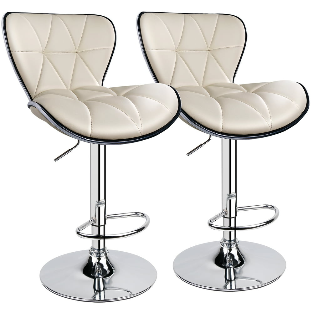 Leopard Shell Back Adjustable Swivel Bar Stools, PU Leather Padded with Back, Set of 2 (Beige 