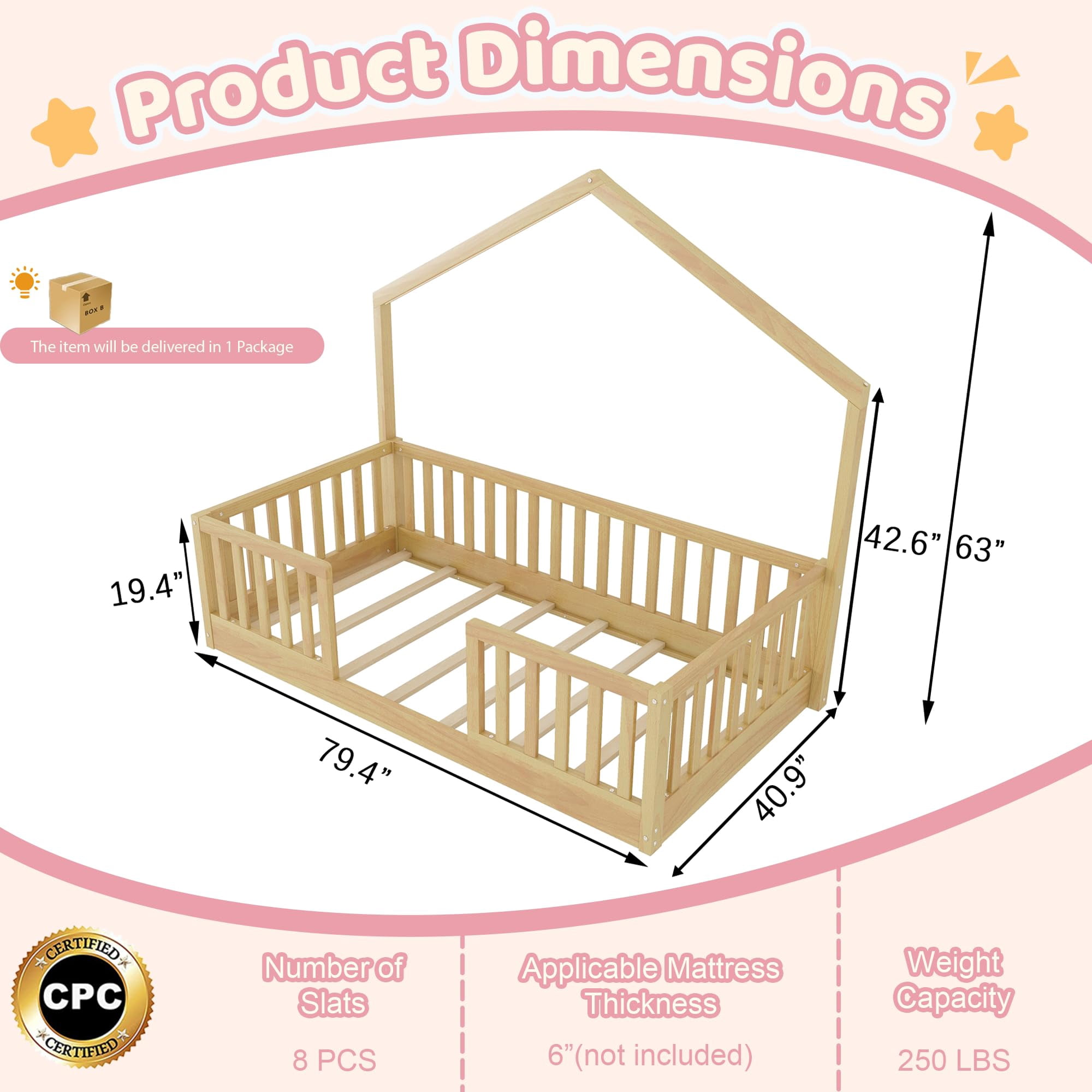 Twin Floor Bed with High Rails, Wooden Montessori Bed Frame with Single Color Light and House Shape Design, Low Profile Beds for Kids, twin bed frames Natural