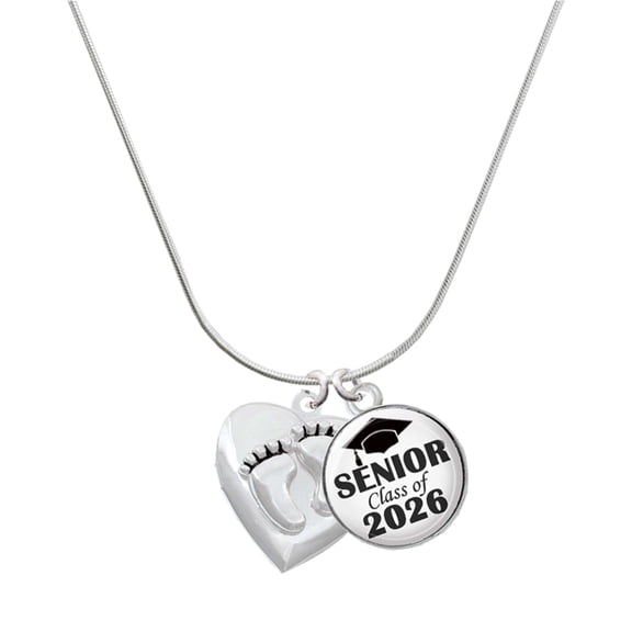 Delight Jewelry Silver-tone Foot Prints Heart Locket - Silvertone Senior Class of 2026 Dome Necklace, 18"