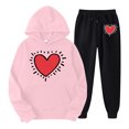 thumbnail image 1 of WILLBEST Vêtements d'Automne pour Femmes Ensemble Décontracté Imprimé Cœur Manches Longues Col Rond Sweat à Capuche et Pantalon pour Automne et Hiver Pantalon Chino Extensible, 1 of 2