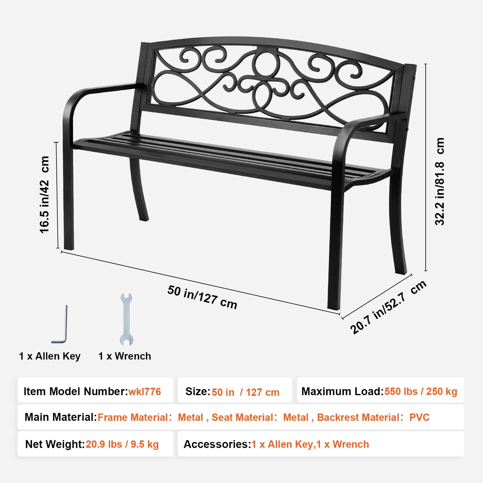 Outdoor Bench, 50 inches Metal Garden Bench for Outdoors, 550 lbs Load Capacity Bench, Outdoor Garden Park Bench with Backrest and Armrests, Patio Bench for Garden, Park, Yard, Front Porch