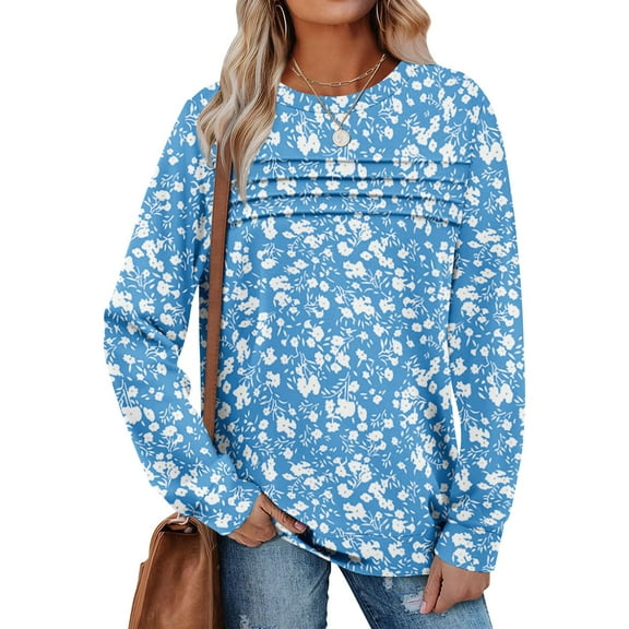 Long Sleeve Shirts for Women 2025 Crew Neck Casual Womens Fall Tops Loose Fit Tunic Tops 01-Blue XXL