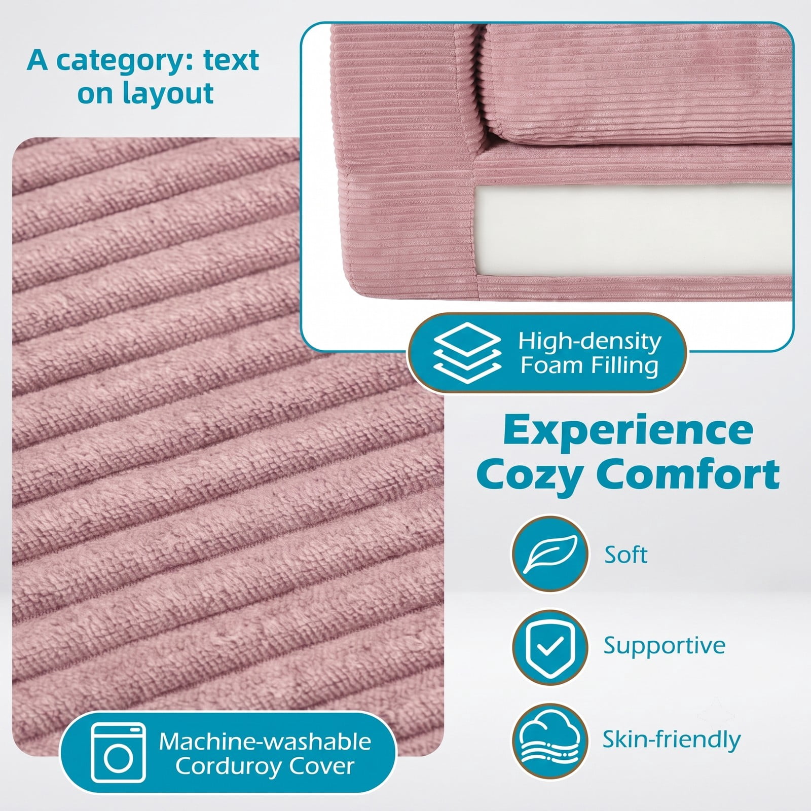 Furnibear 2-Seater Floor Couch Loveseat, Convertible Foam Sofa Lazy Couch with Removable Corduroy Cover, High-Density Sponge Filled Sofa Bed for Living Room, Pink