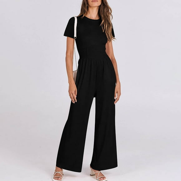 Jumpsuits for Women, Womens Casual Round Neck Short Sleeved Medium Waist Wide Leg Jumpsuit