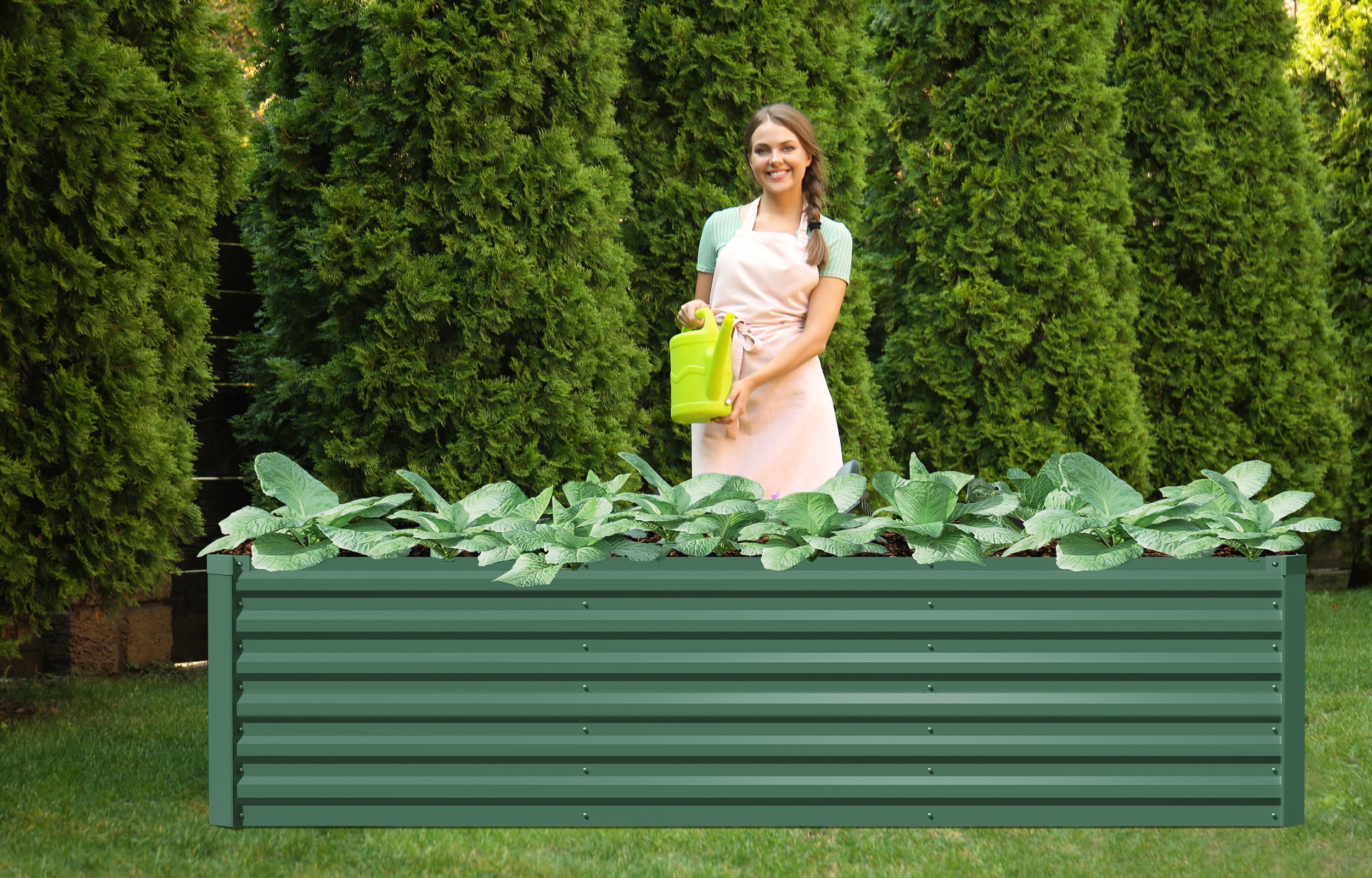 AMOBRO 8x4x2ft Outdoor Metal Raised Garden Bed Planter Box for Vegetables, Flowers, Herbs w/ 3 Tomato Cages Green