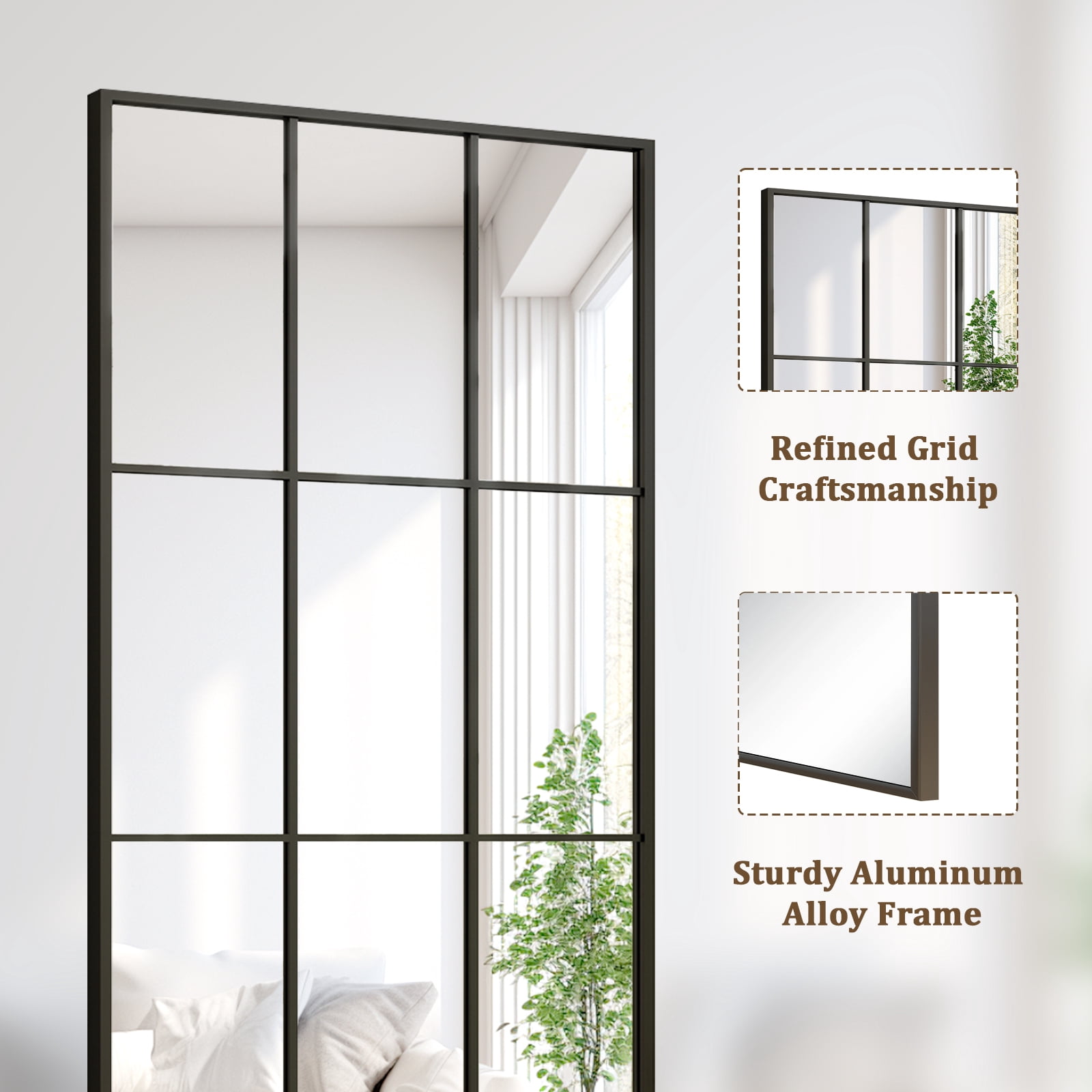 AUROMIR 69"x25" Rectangle Full Length Mirror Window Pane Wall Mirror With Metal Frame, Black