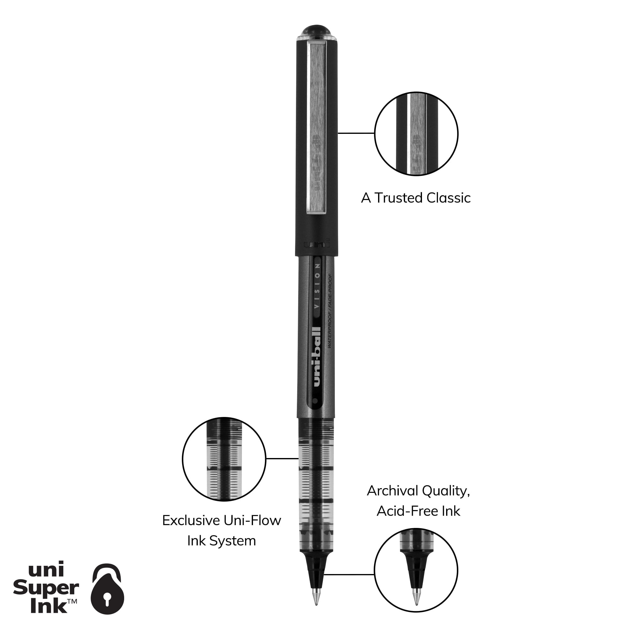 uniball Vision Rollerball Pens, Micro Point (0.5mm), Black Ink, 12 Count