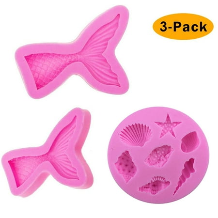 

Set of 3 silicone fondant cake molds non-stick BPA free chocolate jelly candy mold cupcake DIY baking decoration tool mermaid tails (large + small) + sea shells