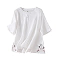 thumbnail image 2 of Fiudx Liquidación de Ahorros de Verano Top de Manga Corta con Abertura Lateral y Botones para Mujer, Informal, Holgado, Bordado, con Cuello Redondo, 2 of 7