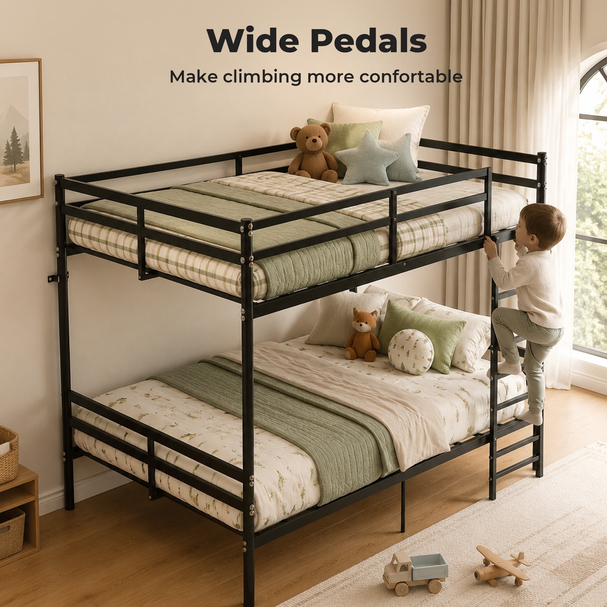Alvantor Bunk Bed Full over Full for Kids, Metal Bunk Bed with Stairs and Anti-tip Bracket Black