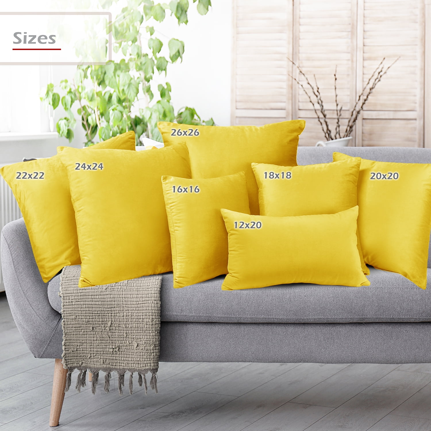 Clara Clark Plush Solid Decorative Microfiber Square Throw Pillow Cover with Throw Pillow Insert for Couch, Yellow, 24"x24"", 4 Piece Decorative Soft Throw Pillow Set