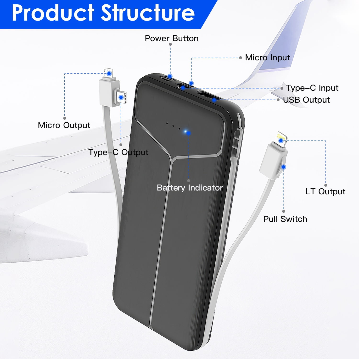 Cell Phone Portable Charger, iMounTEK External Battery Pack with Built-in Cables&AC Wall Plug, 10000mAh Power Bank, Black