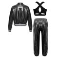 thumbnail image 2 of Miutii Kids Girls Street Hip Hop Dance Outfits Long Sleeve Shiny Metallic Bomber Jacket Vest and Harem Trousers Set Black 6, 2 of 5