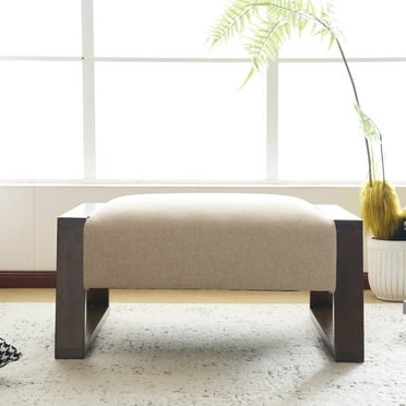 Modern Ottoman with Padded Top, Solid Wood Legs, Beige