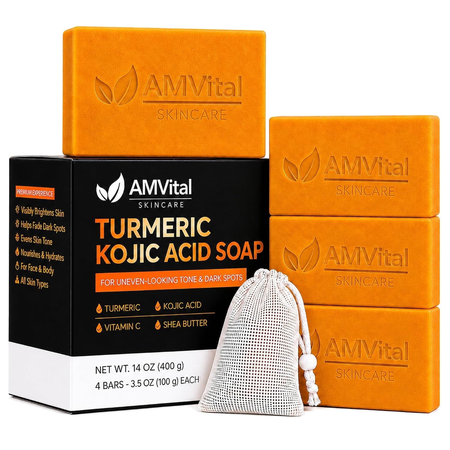 AMVital Kojic Acid Soap - Turmeric Soap for Face & Body with Hyaluronic Acid, Vitamin C, Vitamin E, Shea Butter, Castile Olive Oil (4 Pack)