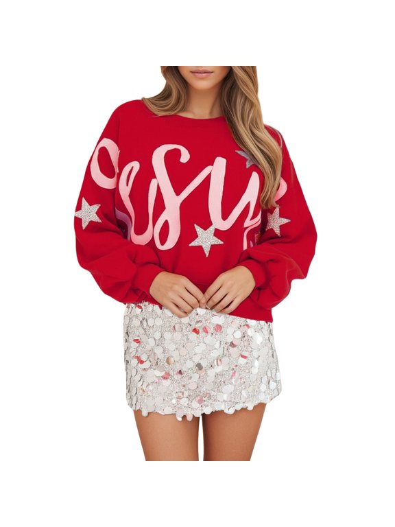 Womens Christmas Crewneck Sweatshirt Joy Oversized Letter Applique Style Graphic Print Balloon Sleeves Long Sleeve Winter Holiday Casual Pullover Tops
