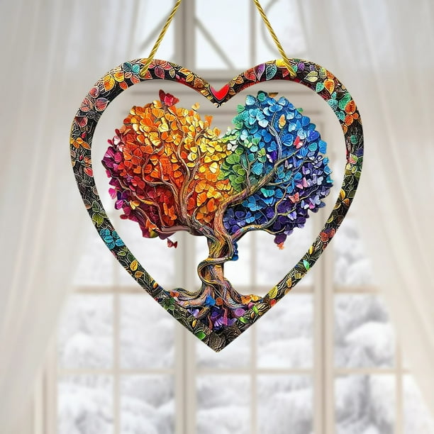 Colgante de Atrapasol de Corazón del Árbol de la Vida | Adorno de ventana inspirado en vidrieras | Colgante de atrapasol de colores brillantes de 7.9" | Decoración de energía positiva para el hogar,
