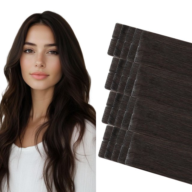 COOKAYU Tape in Hair Extensions Human Hair Brown 14 Inch Remy Human Hair Tape in Extensions Seamless Tape in Human Hair Extensons Darkest Brown 20 Pieces 3