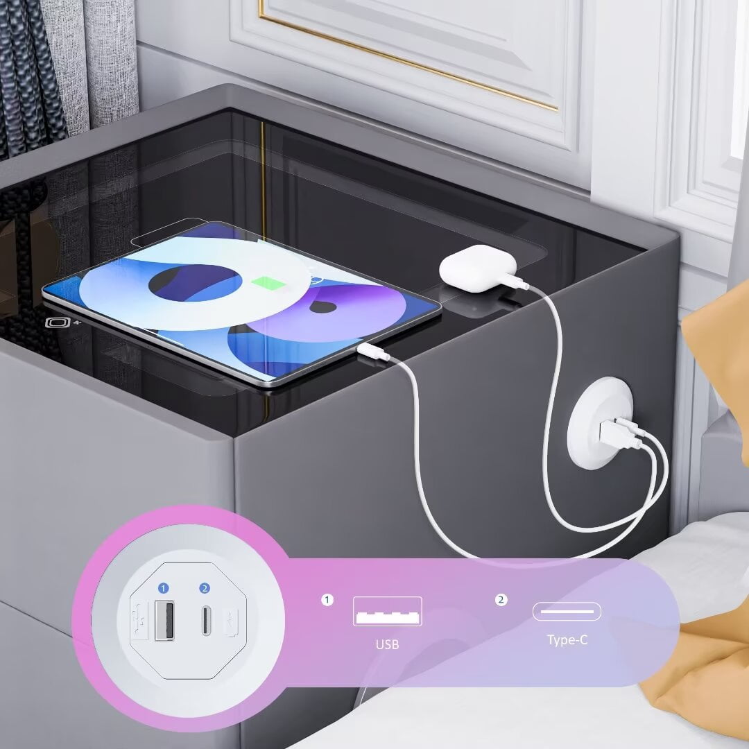 AFANQI Nightstand With Safe Box And Led Lights And Wireless Charge And Bluetooth Speaker