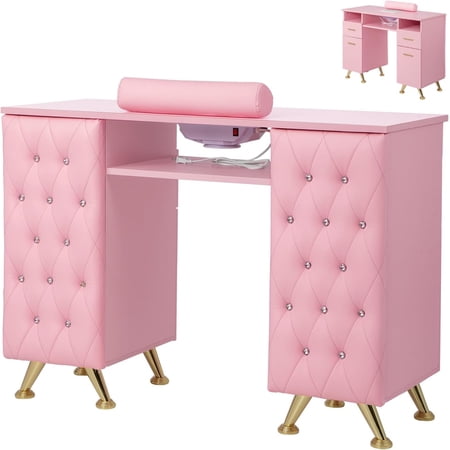 OmySalon Manicure Table w/Dust Collector Nail Desk for Nail Tech Nail Station with Storage for Makeup Beauty Spa Salon w/Hand Rest Acetone Resistant (Pink Manicure Table Only)