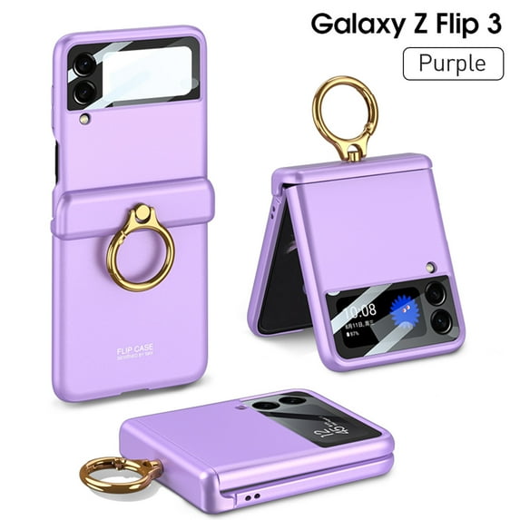 SaniMore Case for Samsung Galaxy Z Flip 3 6.7" 2021, Hinge Protection All-inclusive 360 Degree Rotating Metal Ring/Kickstand Wireless Charigng Lens Film Folding Case for Galaxy Z Flip 3, Purple