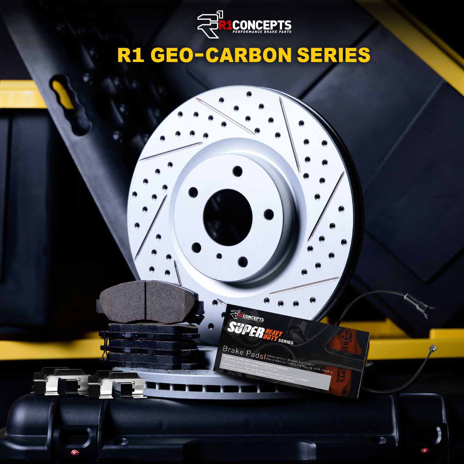 R1 Concepts Drilled and Slotted Carbon Coated Disc Brake Rotor Set with Super Duty Pads, Sensor, and Hardware WBXS1-63002