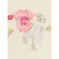 thumbnail image 3 of Newborn Baby Girl Little Sis Outfits Letter Short Sleeve T-shirt Romper Pants Set Headband Coming Home Hospital Clothes, 3 of 8