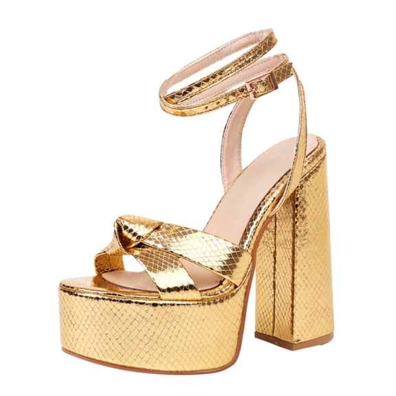 Quealent Adult Women Sandal Bare Sandals for Women Fashion New Shoes Metal Pattern Knot Buckle Platform High Heel Double Strap Sandals Women Gold 7