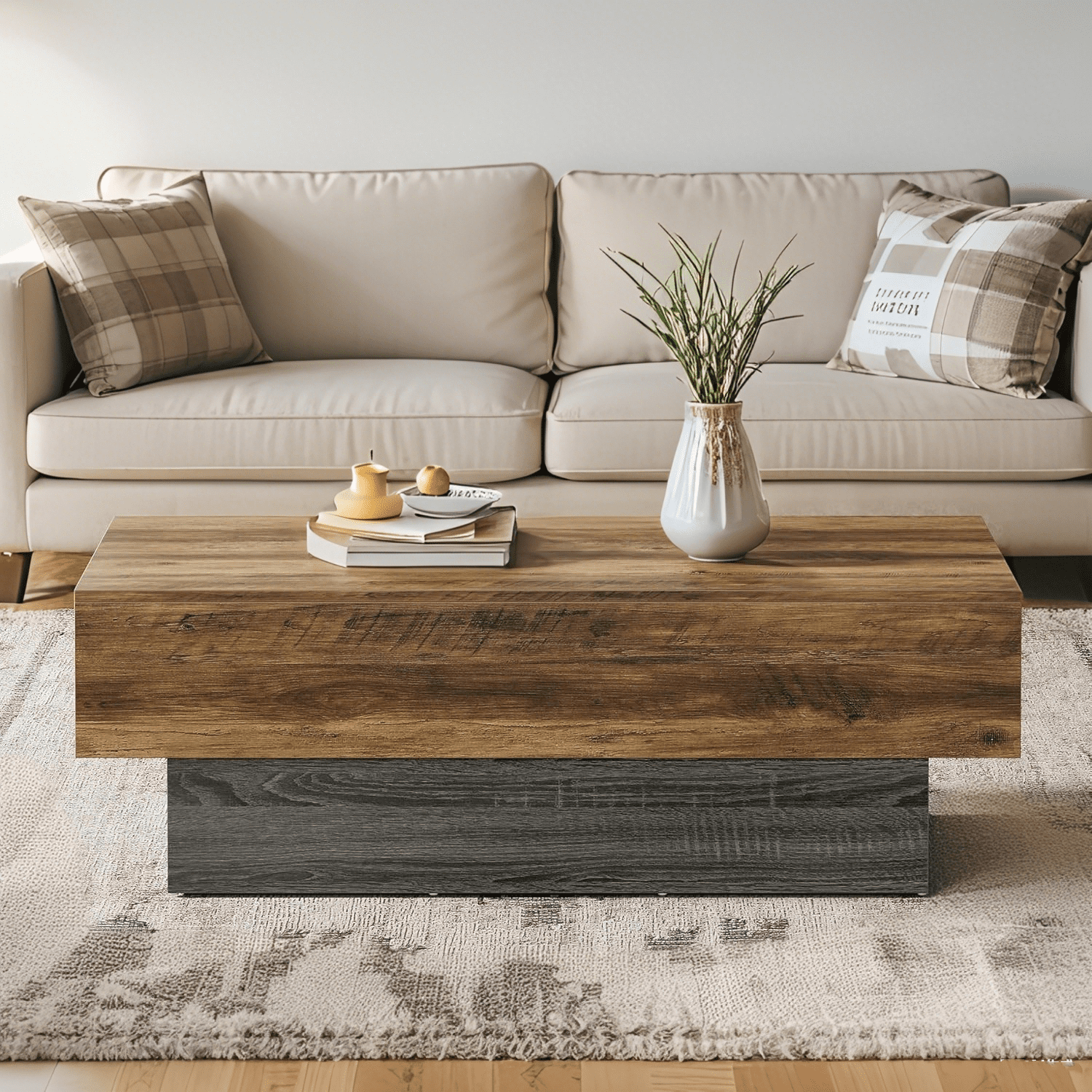 Tribesigns 55-Inch Farmhouse Wood Coffee Table, Large Rectangle Rustic Brown & Grey Tea Table for Living Room