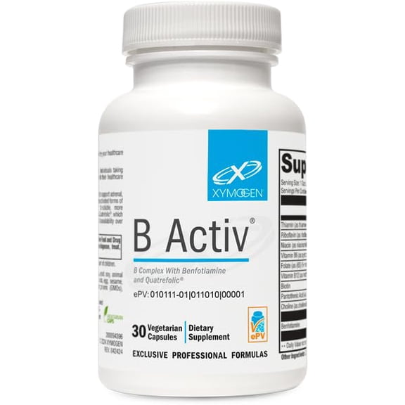 XYMOGEN Vitamin B Complex - B Activ - Activated B Vitamins with Benfotiamine and Quatrefolic - Support Adrenal and Immune Function   A Healthy Cardiovascular and Nervous System (30 Capsules)