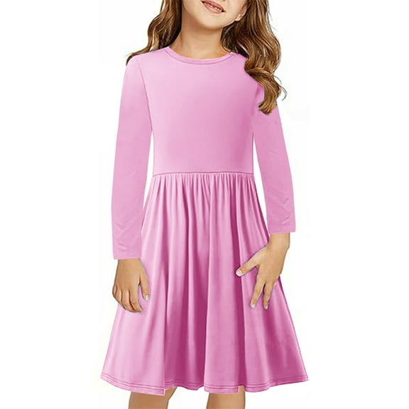 Cowsor Girls' Solid Color A-Line Dress – Long Sleeve (4-14Y)