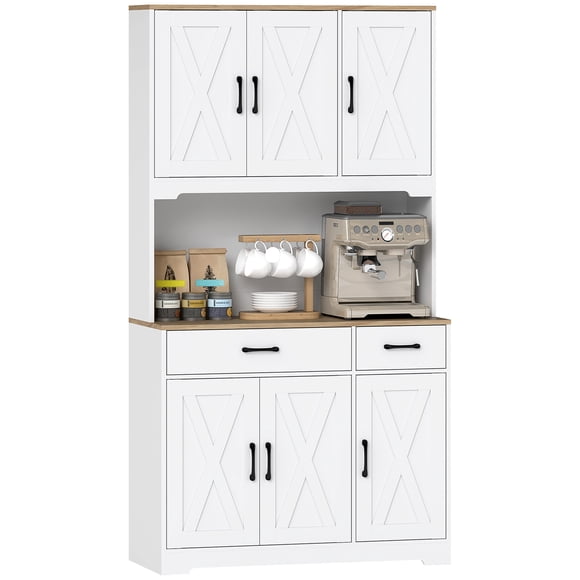 HOMCOM Kitchen Pantry, 6 Doors, 2 Drawers, Rustic Kitchen Cabinet White