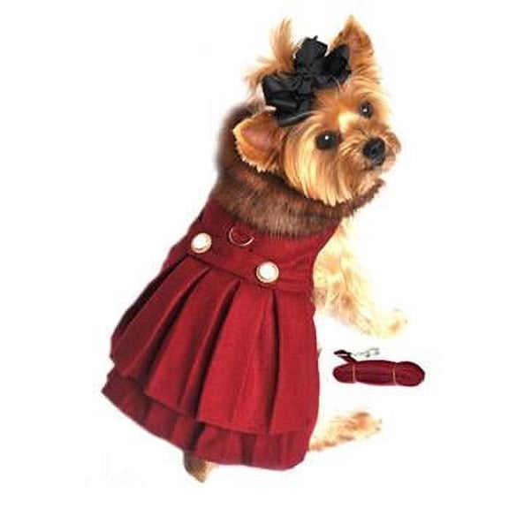 Wool Fur-Trimmed Dog Harness Coat - Burgundy Medium
